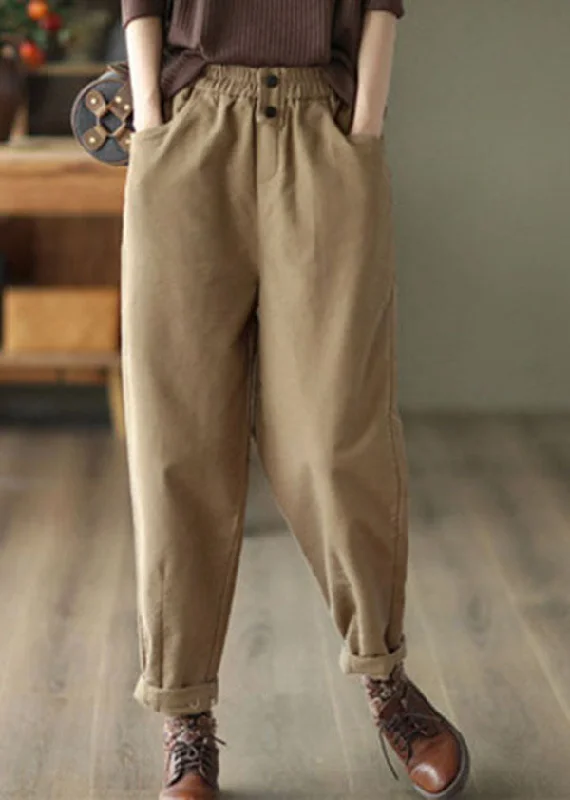 Casual Khaki Elastic Waist Oversized Cotton Harem Pants Fall