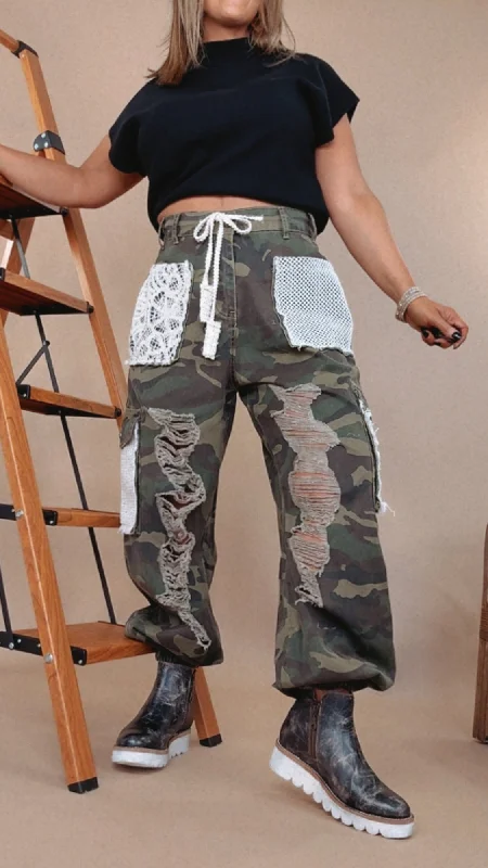 POL: Distressed Camo Joggers w/ Patchwork Pockets