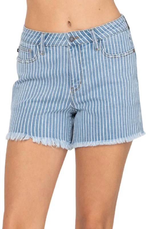 Striped Cut Off High Waist Shorts In Blue/white